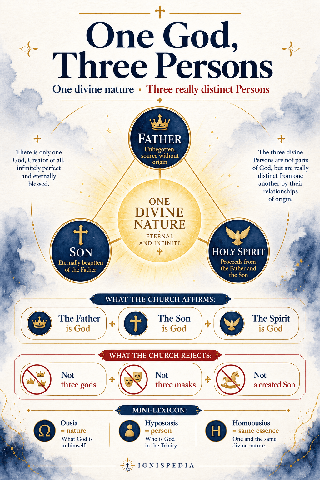 Doctrinal infographic on the Holy Trinity: one God, three Persons, one divine nature
