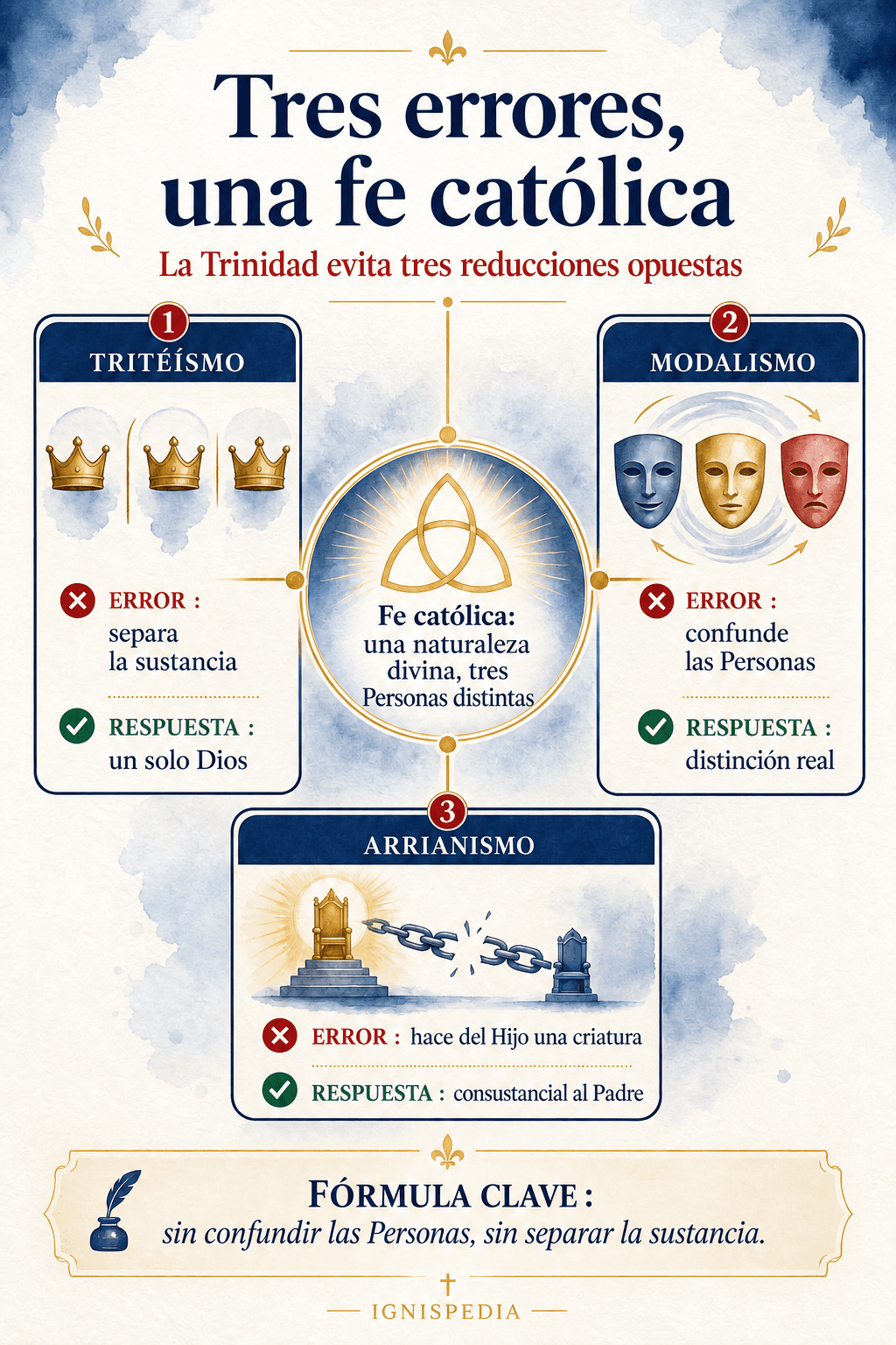 Infografía sobre los tres errores rechazados por la doctrina trinitaria: triteísmo, modalismo y arrianismo