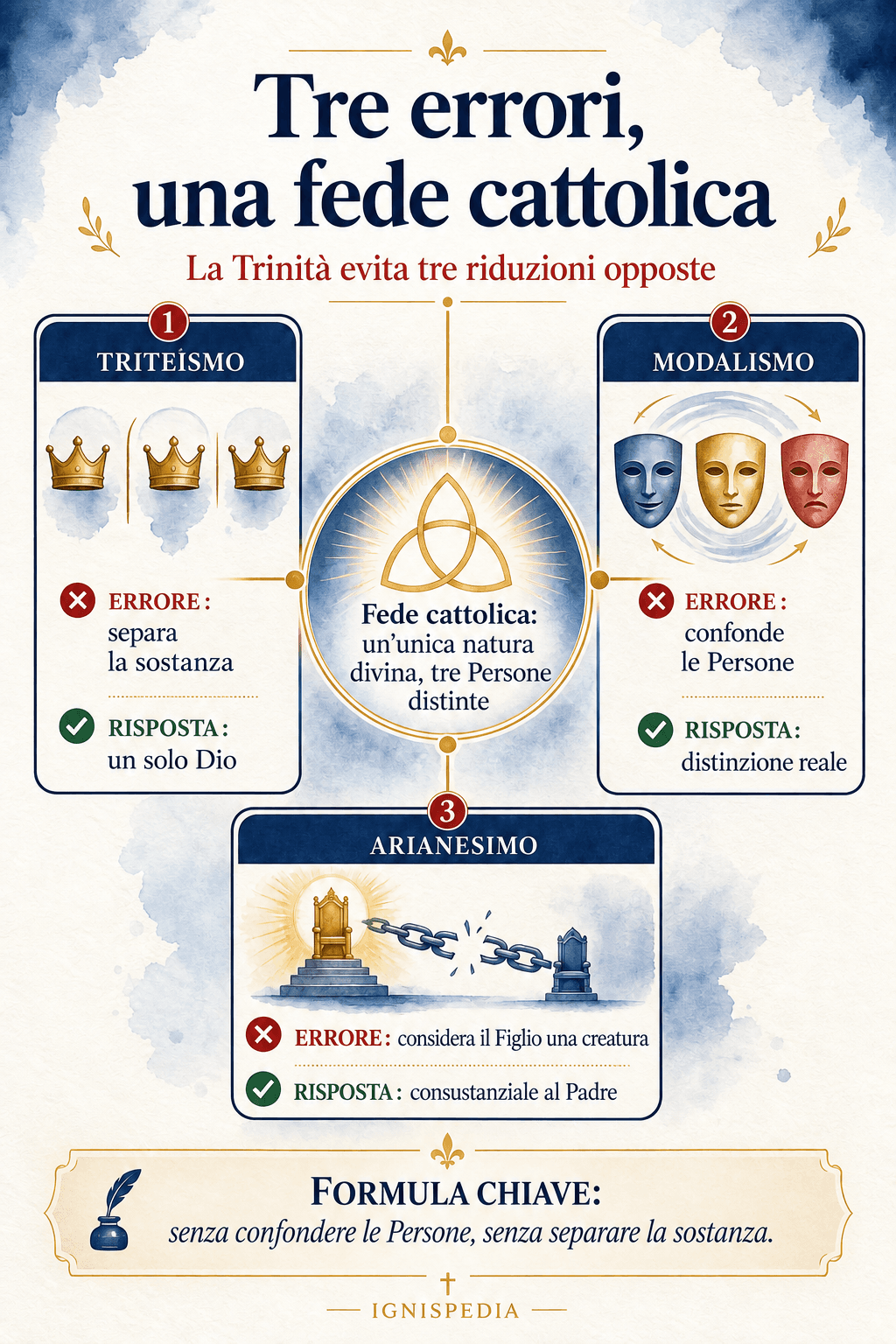 Infografica sui tre errori respinti dalla dottrina trinitaria: triteismo, modalismo e arianesimo