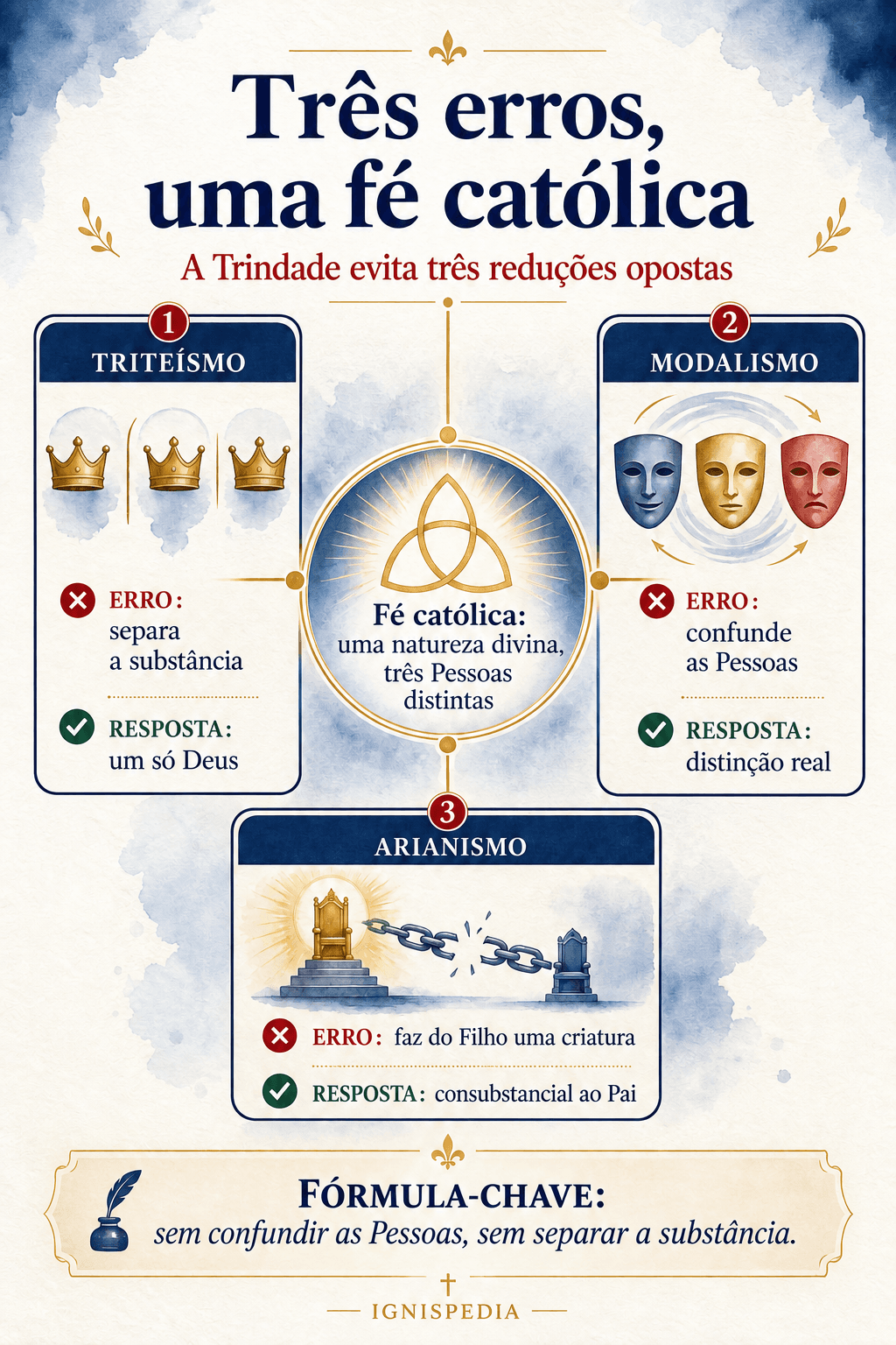 Infografia sobre os três erros rejeitados pela doutrina trinitária: triteísmo, modalismo e arianismo