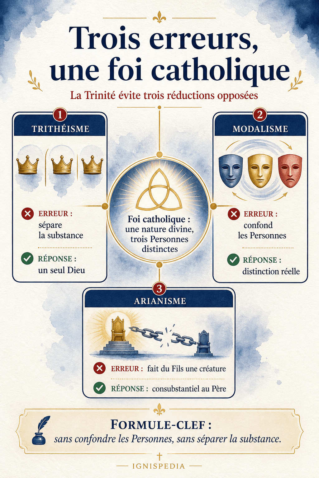 Infographie sur les trois erreurs rejetées par la doctrine trinitaire : trithéisme, modalisme et arianisme