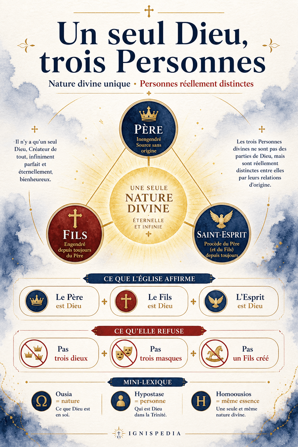 Infographie doctrinale sur la Sainte Trinité : un seul Dieu, trois Personnes, une seule nature divine