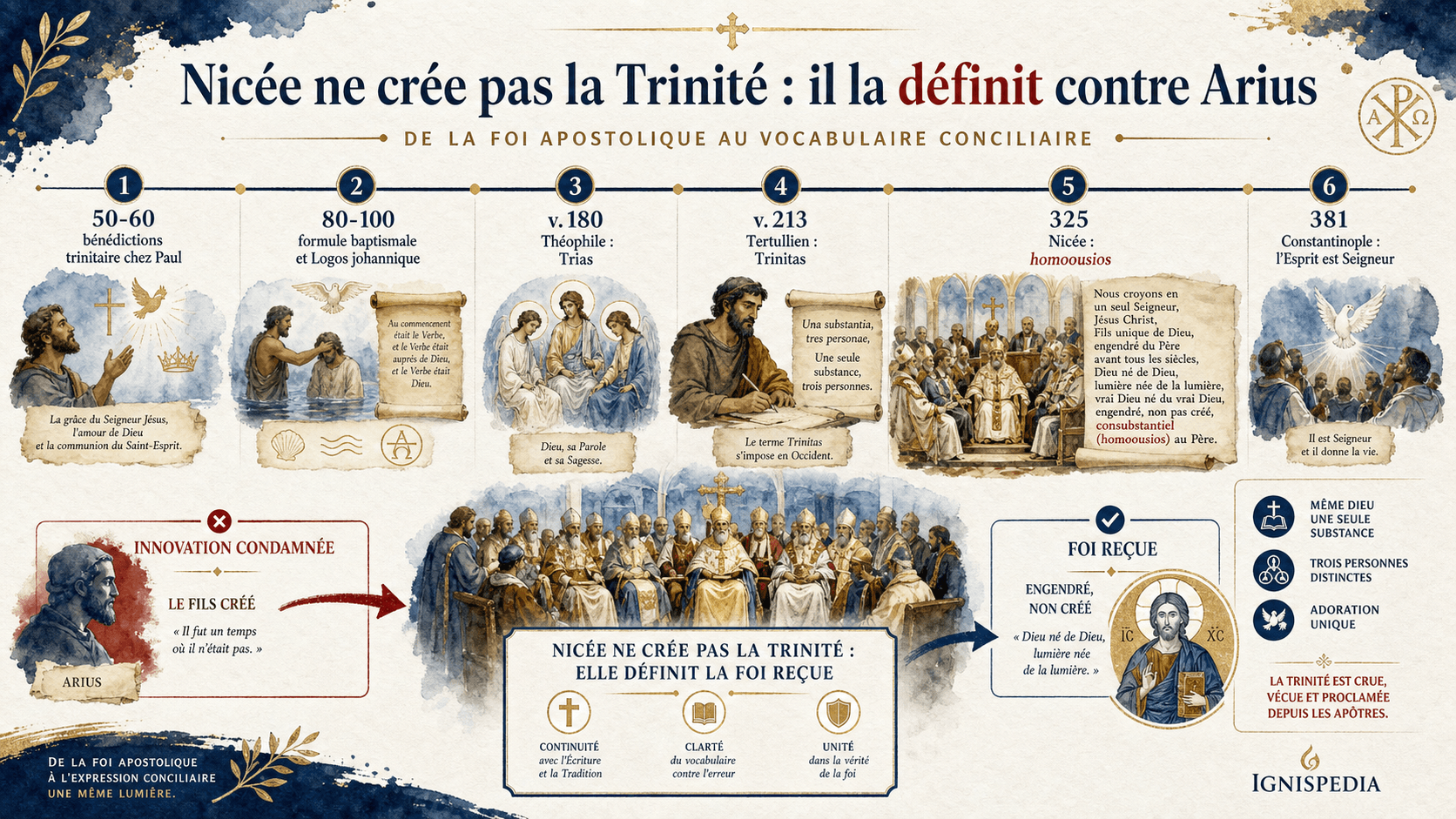 Infographie chronologique montrant que Nicée définit contre Arius une foi trinitaire déjà attestée avant le concile
