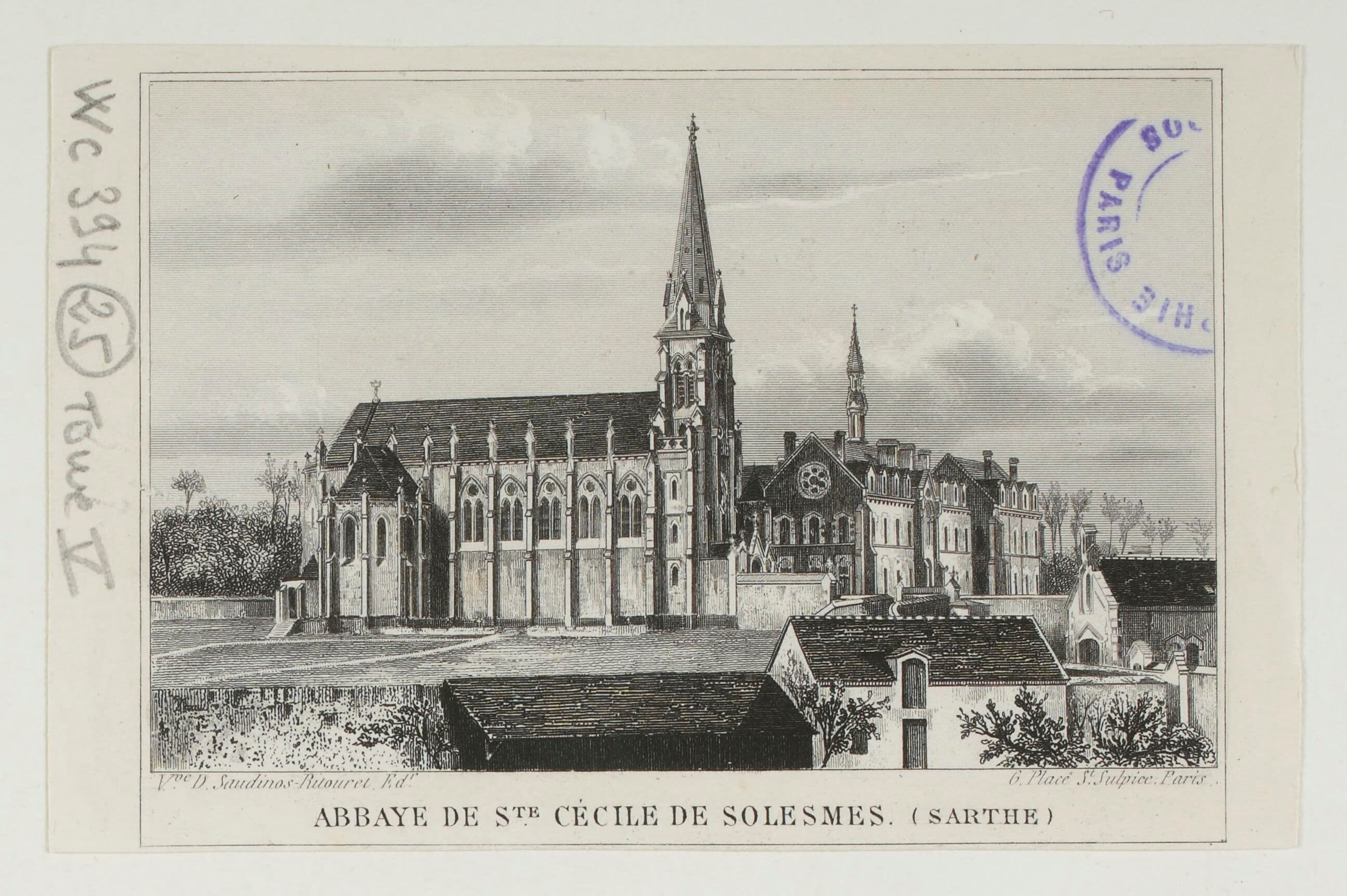 Estampe ancienne représentant l’église et les bâtiments de l’abbaye Sainte-Cécile de Solesmes.