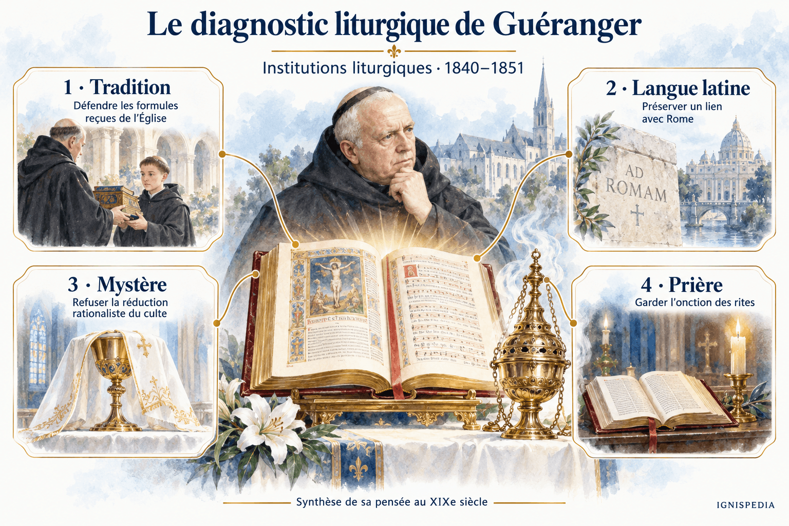 Quatre dimensions de la pensée liturgique de Guéranger : Tradition, langue latine, mystère et prière.