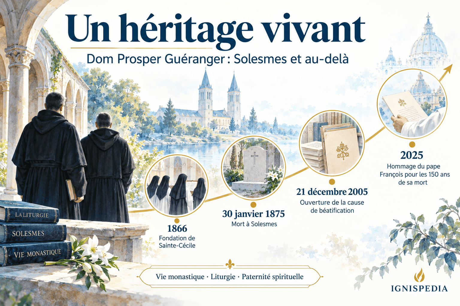 Repères de la postérité de Guéranger : Sainte-Cécile en 1866, mort en 1875, ouverture de la cause en 2005 et hommage en 2025.