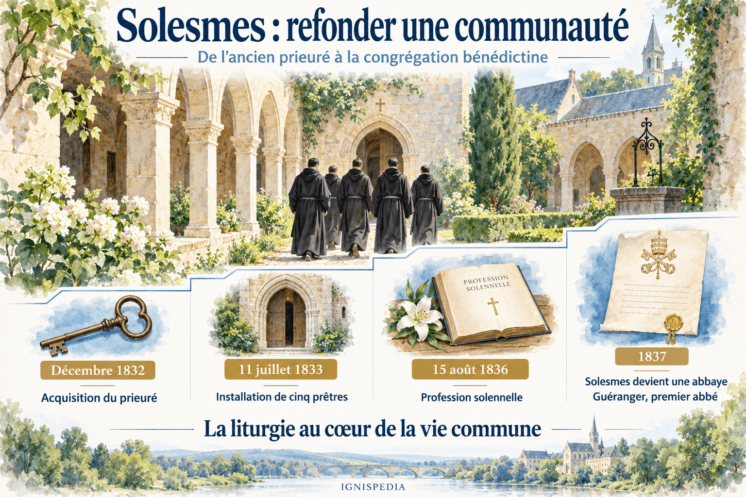 Quatre étapes de la restauration de Solesmes de 1832 à 1837.
