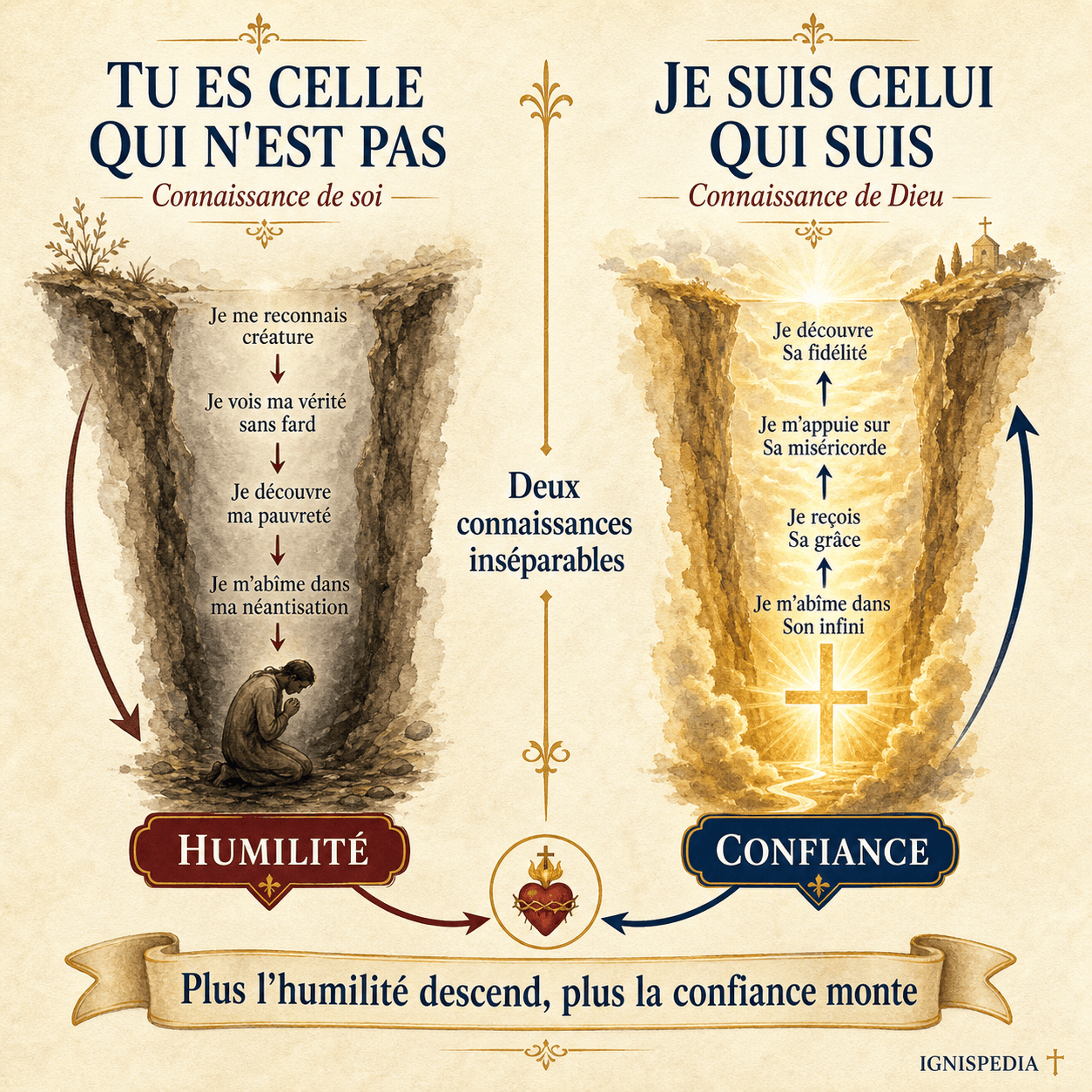 Infographie Ignispedia sur les deux abîmes : connaissance de soi, humilité, connaissance de Dieu et confiance.