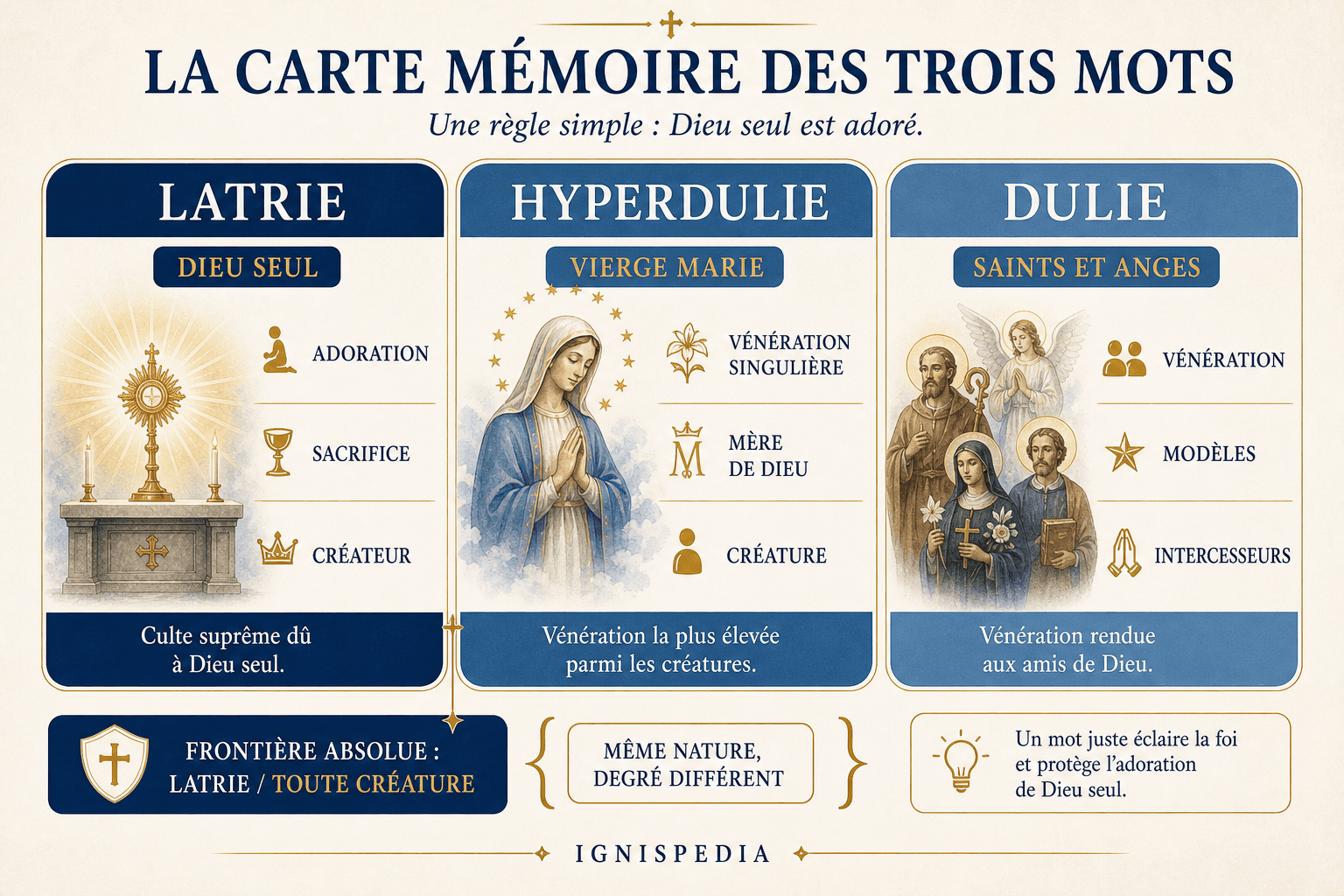 Infographie de synthèse en trois colonnes : latrie à Dieu seul, hyperdulie à la Vierge Marie, dulie aux saints et aux anges, avec la frontière absolue entre latrie et toute créature.