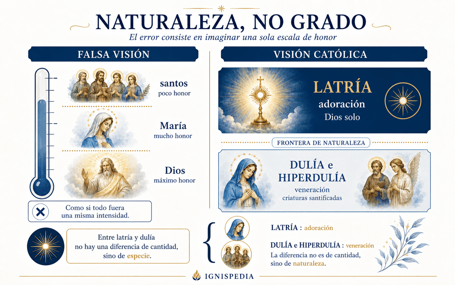 Infografía comparando dos esquemas: a la izquierda una visión falsa (un solo termómetro de honor graduado de «poco» a «mucho», colocando a los santos abajo y a Dios arriba); a la derecha la visión católica (dos ámbitos separados por una frontera de naturaleza, la latría de un lado, la dulía/hiperdulía del otro).