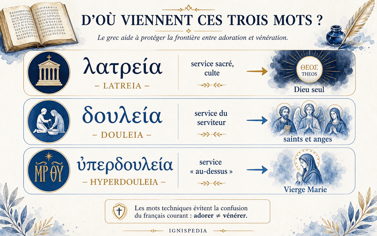 Infographie étymologique : trois mots grecs en caractères grecs et translittérés — λατρεία (latreia, service sacré/adoration), δουλεία (douleia, service du serviteur/vénération), ὑπερδουλεία (hyperdouleia, service au-dessus) — avec leur sens littéral et leur destinataire.