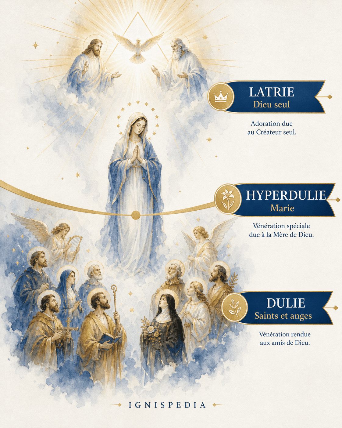 Os três graus do culto cristão: a latria que sobe somente para Deus, a hiperdulia para a Virgem Maria, a dulia para os santos e os anjos — ilustração em aquarela.