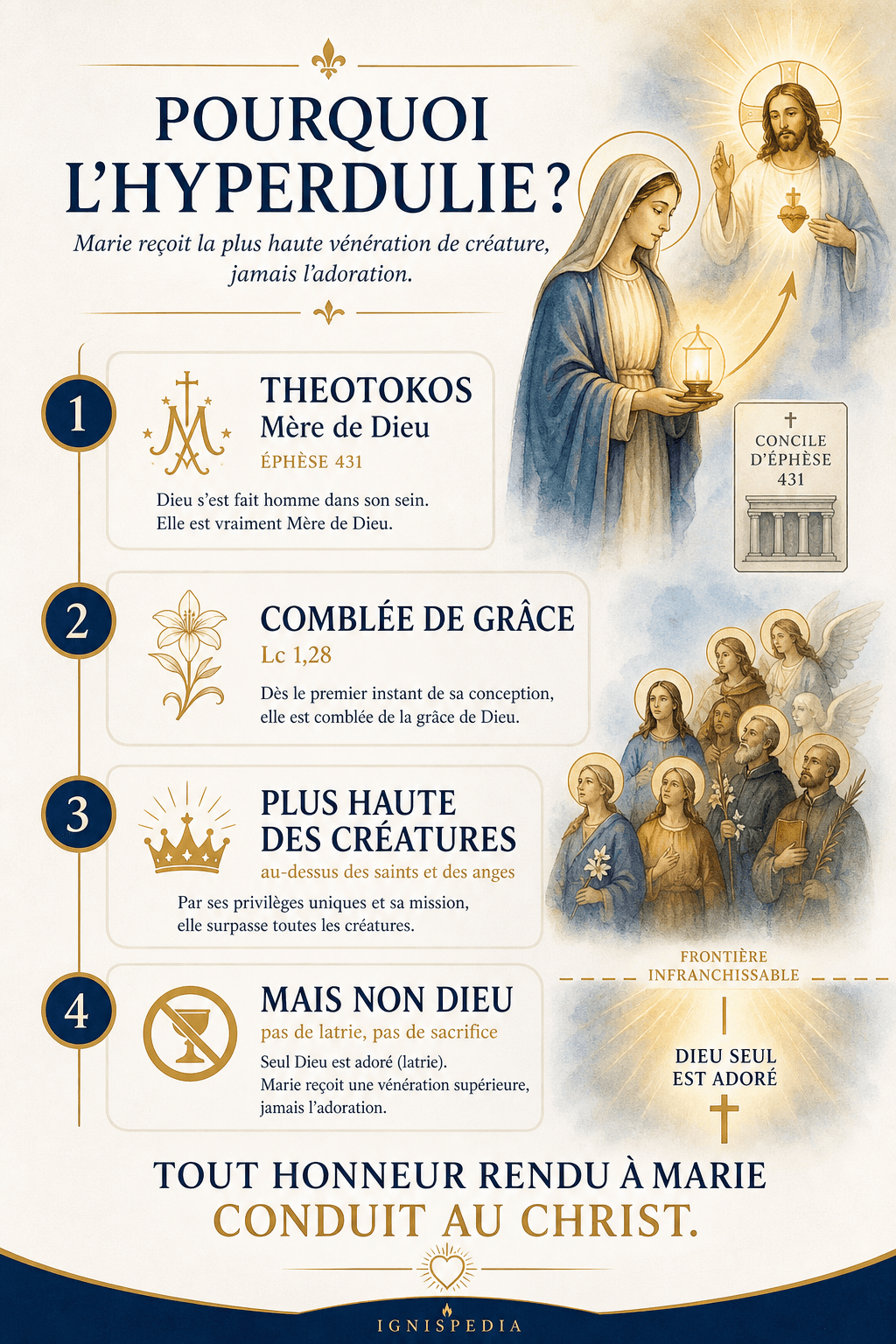 Infographie illustrant le fondement de l'hyperdulie : un schéma reliant la maternité divine de Marie (Theotokos, Mère de Dieu) à la plénitude de grâce et à sa primauté parmi les créatures, avec la flèche montrant que l'honneur reste sous la latrie due à Dieu.