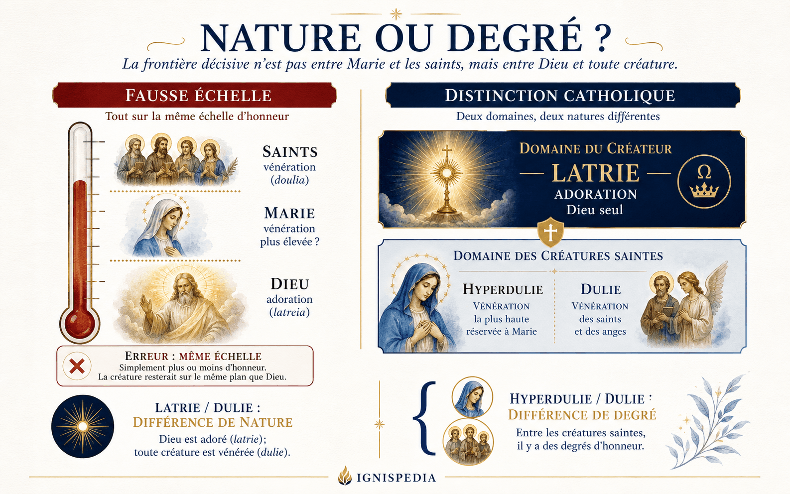 Infographie comparant deux schémas : à gauche une fausse vision (un seul thermomètre d'honneur gradué de « peu » à « beaucoup », plaçant les saints en bas et Dieu en haut) ; à droite la vision catholique (deux domaines séparés par une frontière de nature, la latrie d'un côté, la dulie/hyperdulie de l'autre).
