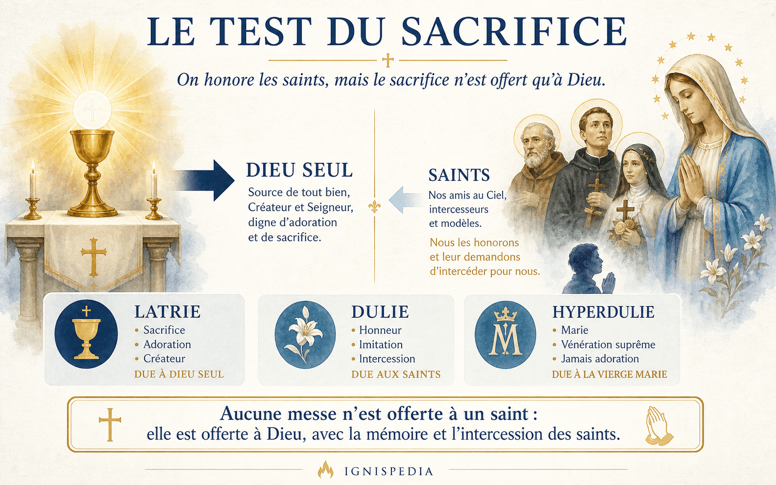 Infographie sur le test du sacrifice : l'autel et l'Eucharistie renvoient à Dieu seul, tandis que Marie et les saints sont honorés comme intercesseurs, sans recevoir le sacrifice.