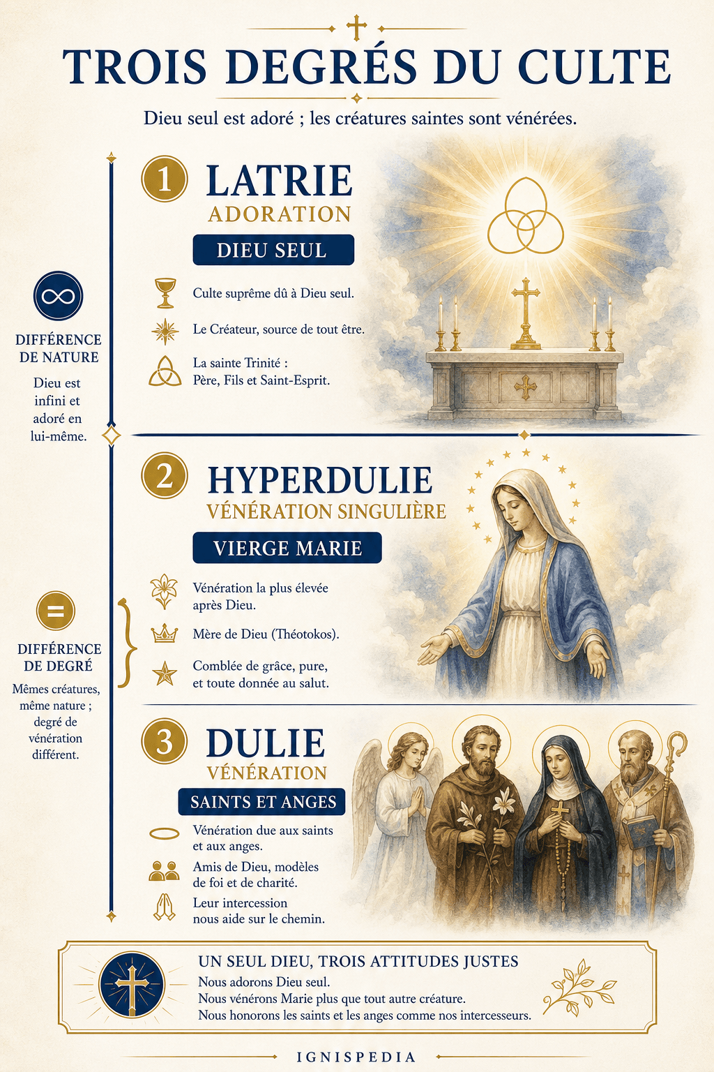 Infographie en trois niveaux : au sommet la LATRIE (adoration, à Dieu seul), au centre l'HYPERDULIE (Vierge Marie), à la base la DULIE (saints et anges), avec une ligne de séparation nette indiquant le passage de la créature au Créateur.