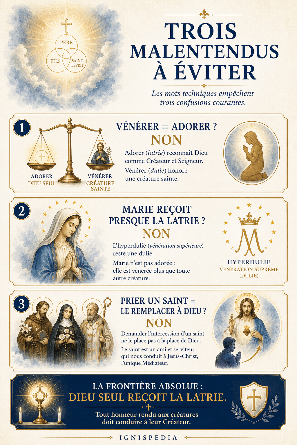 Infographie listant trois malentendus : vénérer n'est pas adorer, l'hyperdulie reste une dulie, prier un saint ne remplace pas Dieu.