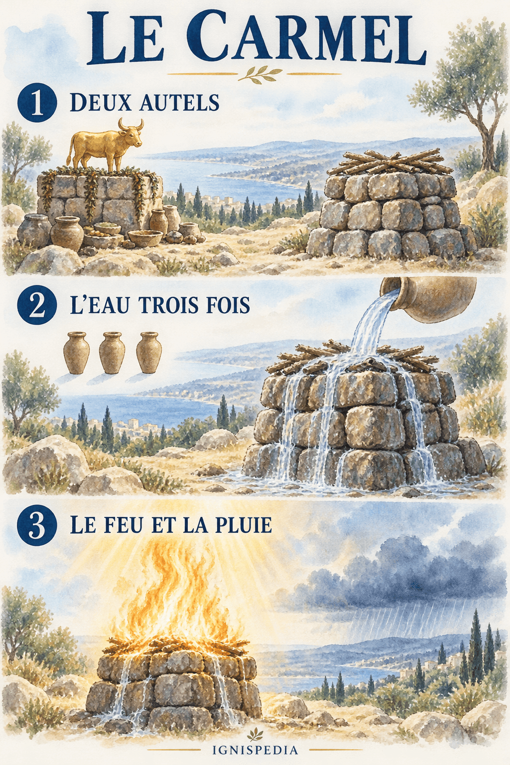 Les deux autels du Carmel, l'eau versée sur celui d'Élie, puis le feu et la pluie
