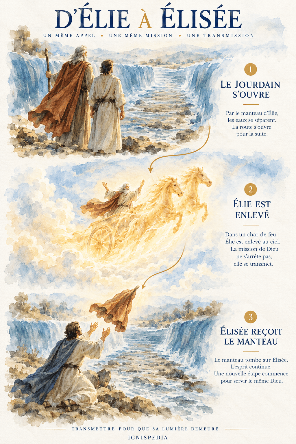 Le Jourdain s'ouvre, Élie est enlevé et Élisée reçoit son manteau