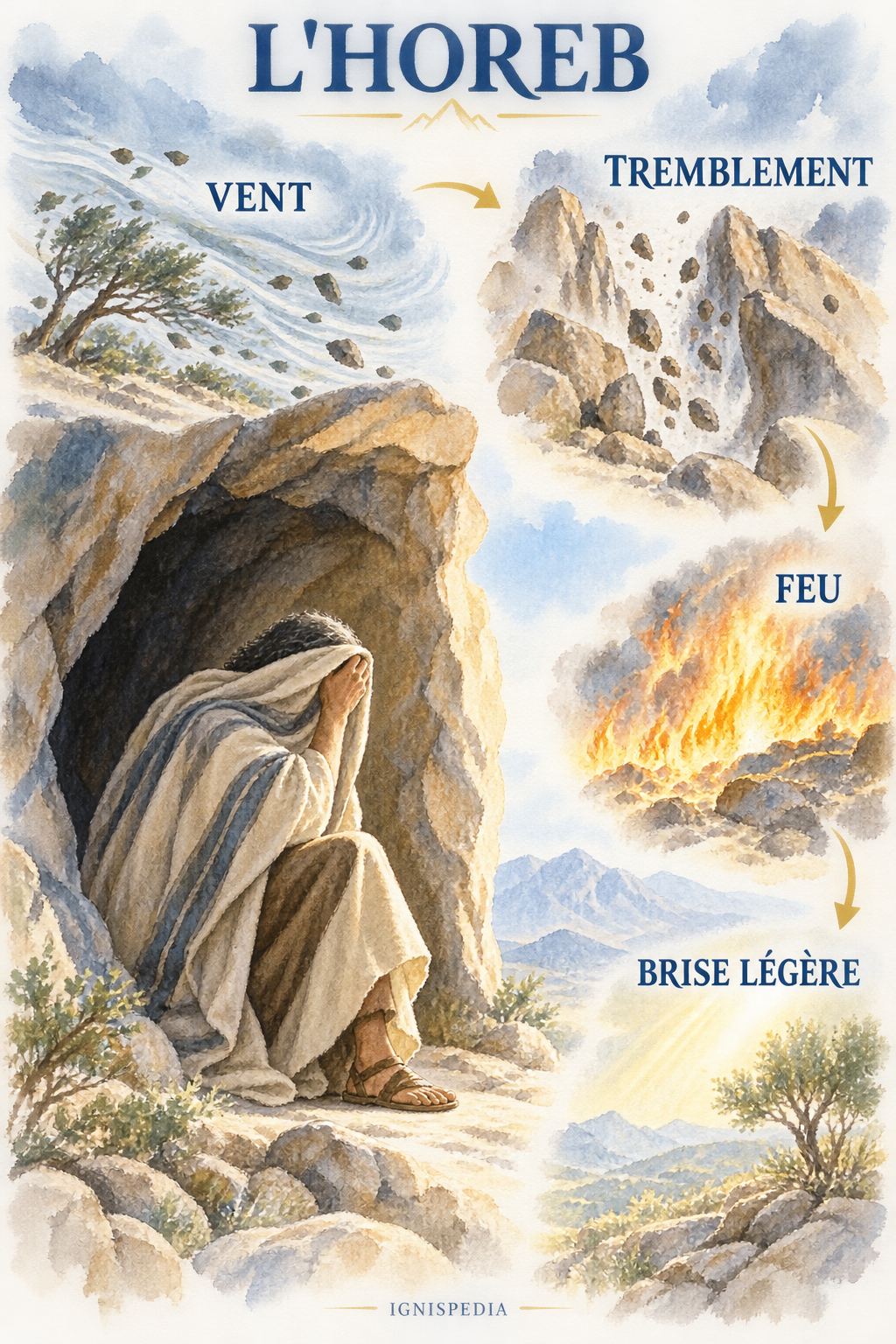 À l'Horeb, Élie voit passer le vent, le tremblement et le feu avant la brise légère