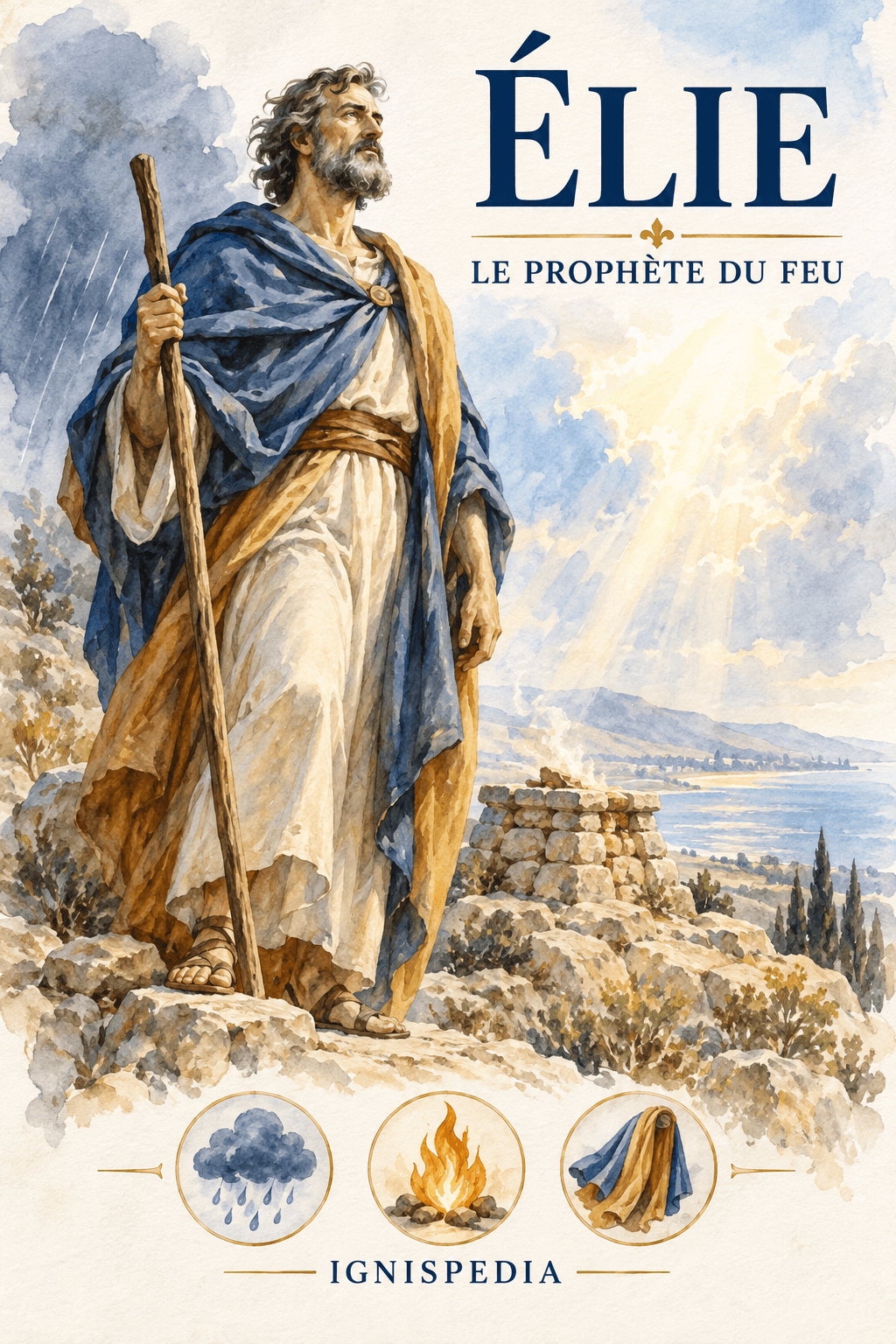 Élie sur le mont Carmel, près de l'autel, sous un ciel de pluie