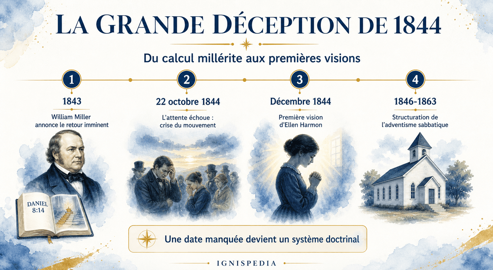 Infographie sur la Grande Déception de 1844 et les premières visions d'Ellen Harmon