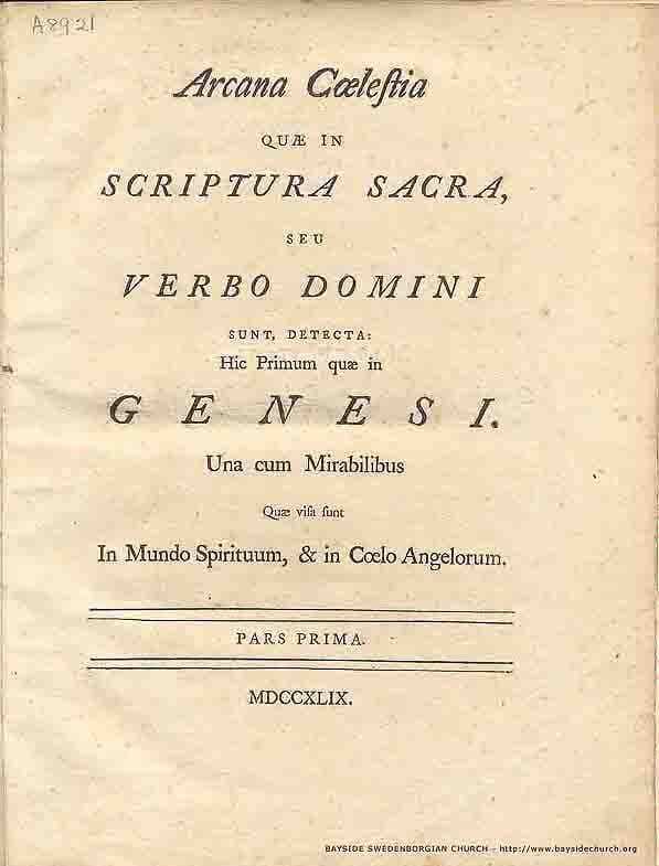Latin title page of the first volume of Arcana Caelestia, dated 1749.