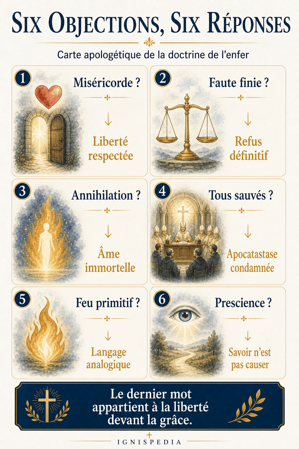 Infographie Ignispedia sur les six objections principales à la doctrine de l'enfer