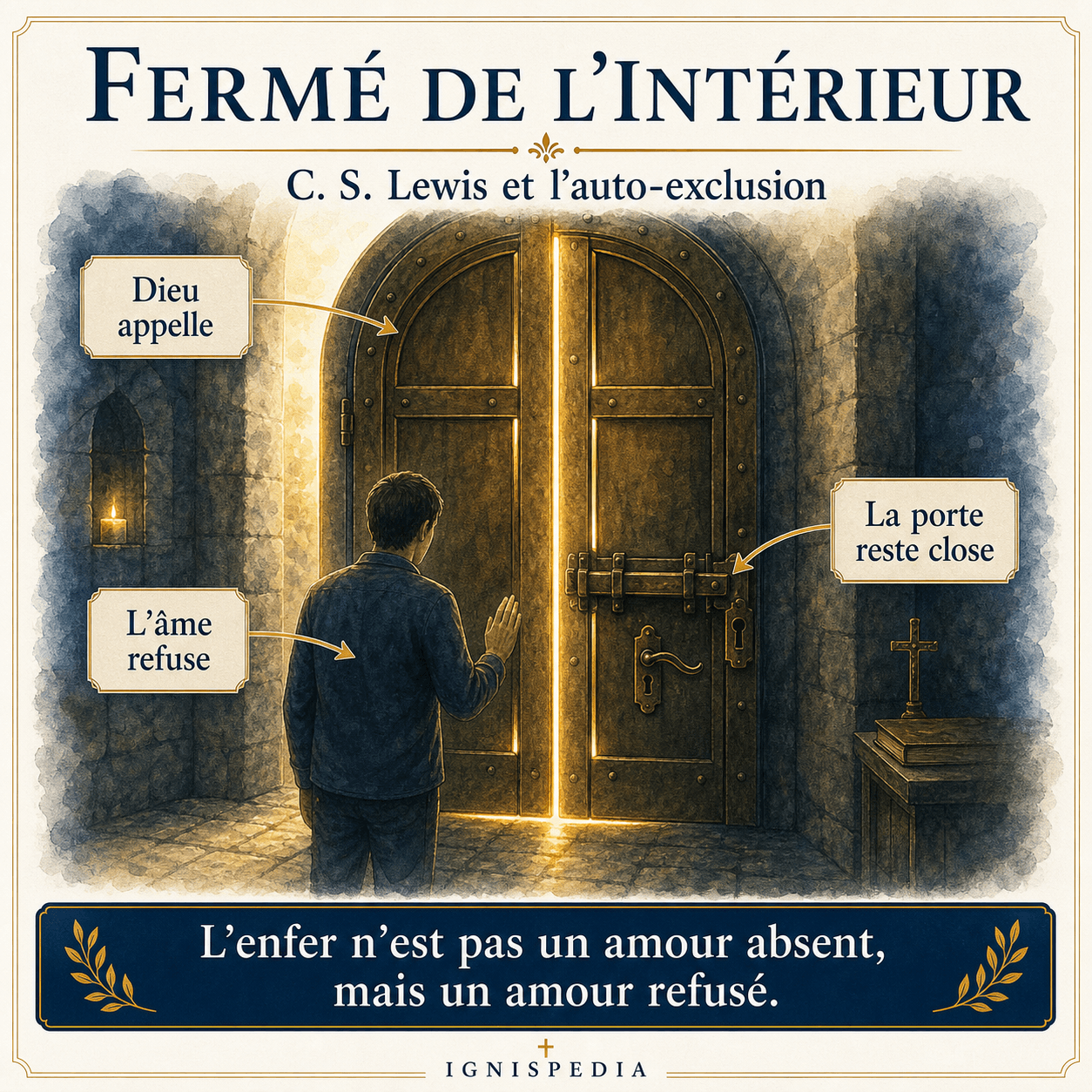 Porte de bronze fermée de l'intérieur, lumière dorée traversant la serrure