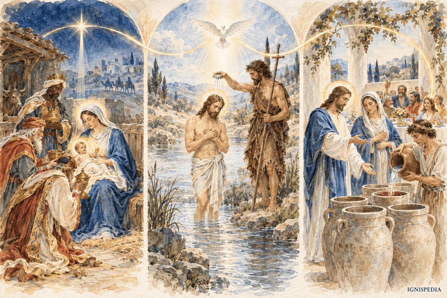 Die Sterndeuter, die Taufe Christi im Jordan und die Hochzeit zu Kana: drei Erscheinungen Christi.