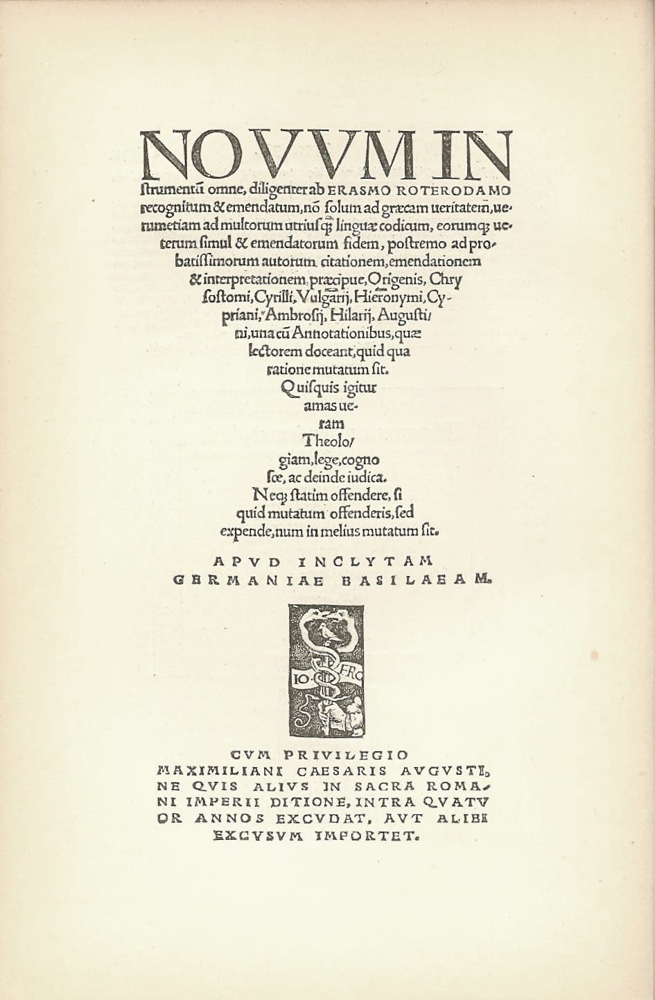 Titelblatt des Novum Instrumentum omne, 1516 von Erasmus veröffentlicht