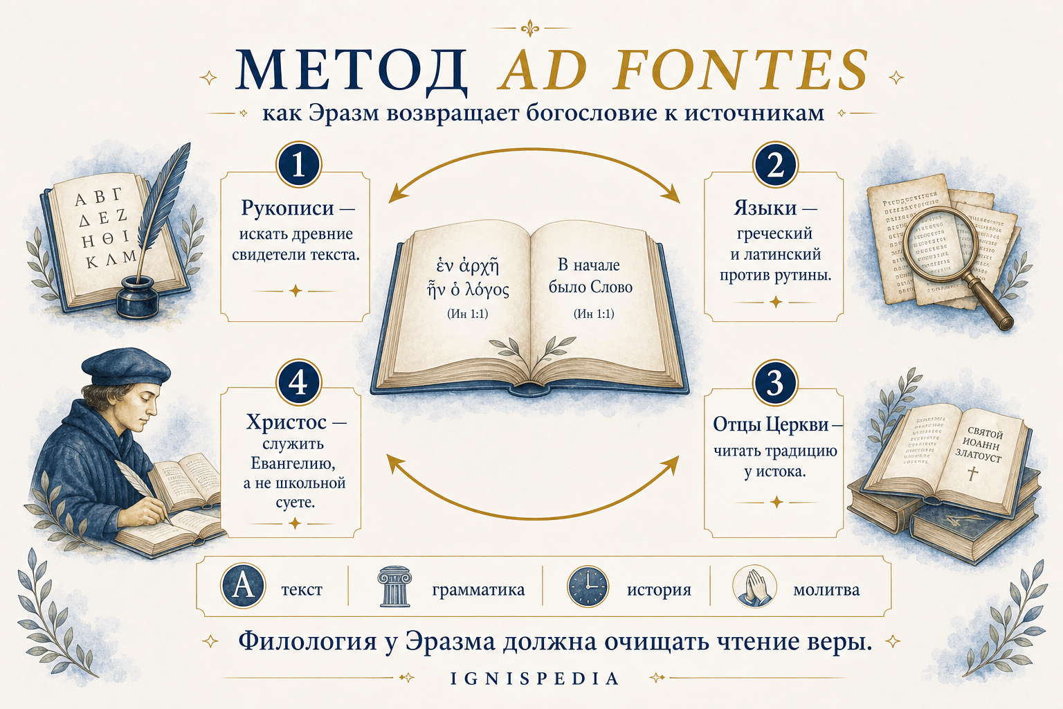 Инфографика о методе ad fontes Эразма