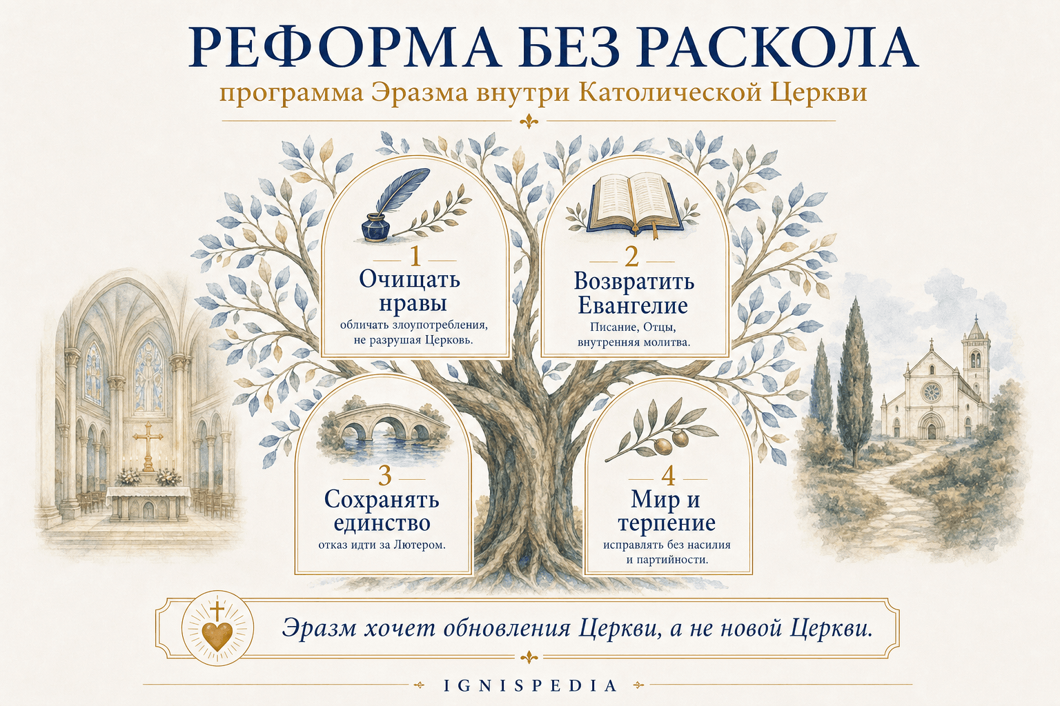 Инфографика, показывающая католическую реформу без раскола, которую защищал Эразм