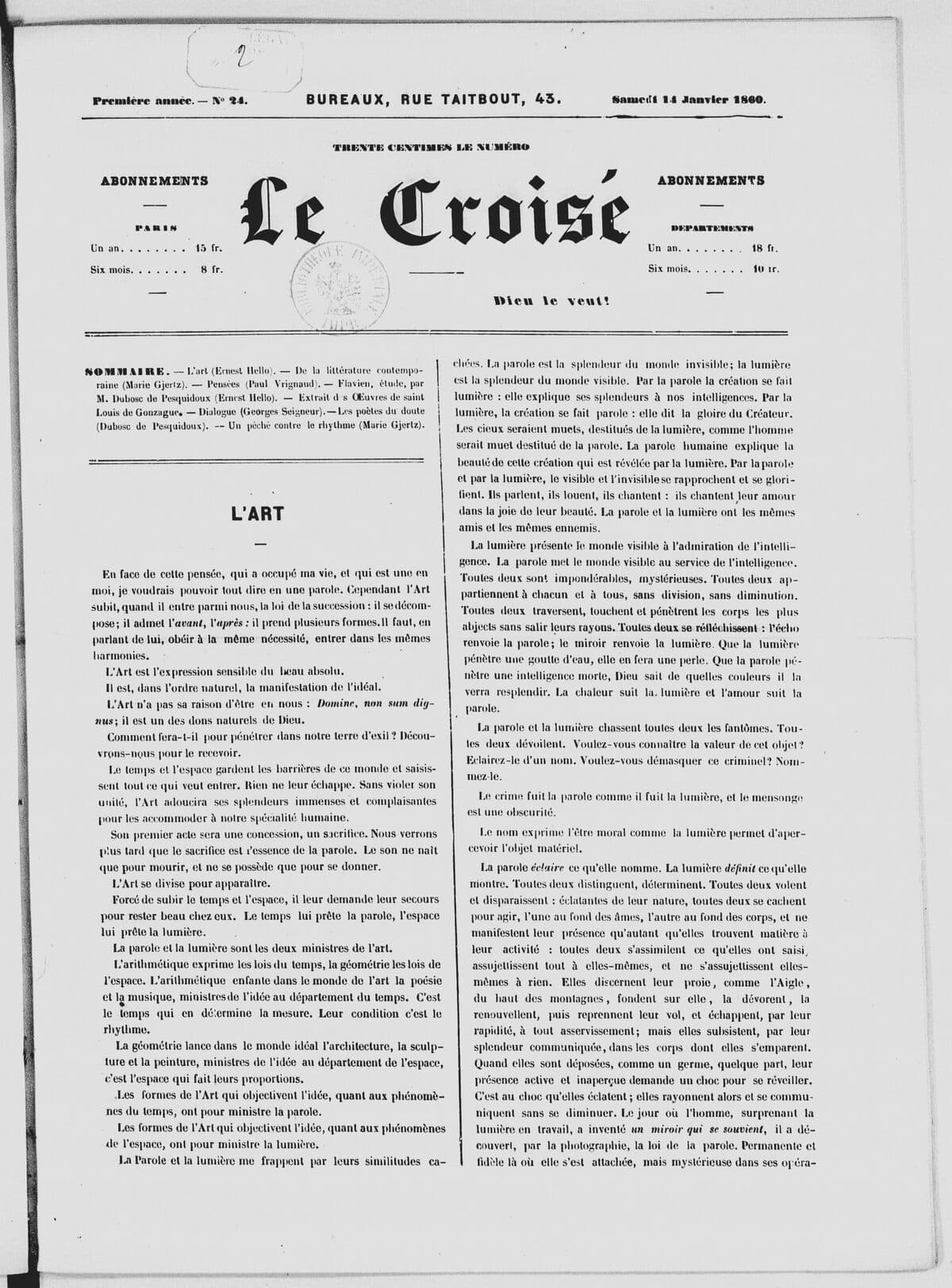 Prima pagina del Croisé del 14 gennaio 1860 con un articolo di Ernest Hello