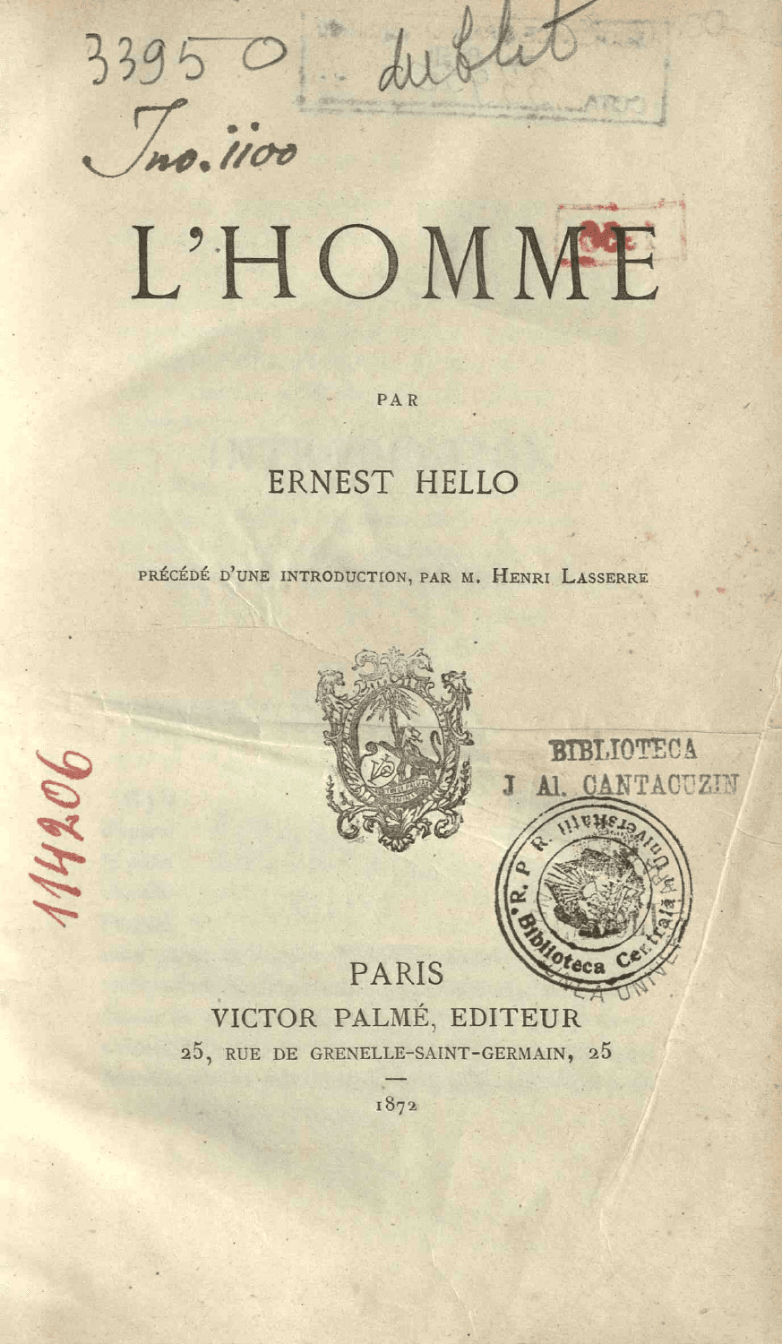 Frontespizio de L'Homme, Ernest Hello, Victor Palmé, Parigi, 1872