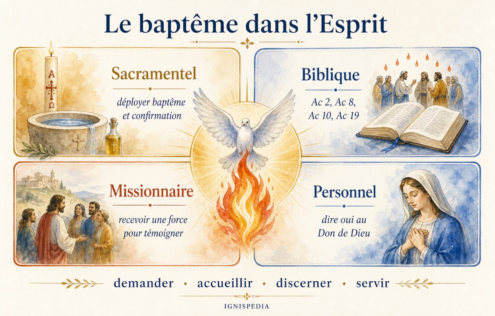 Infographie catholique expliquant le baptême dans l'Esprit selon quatre perspectives complémentaires