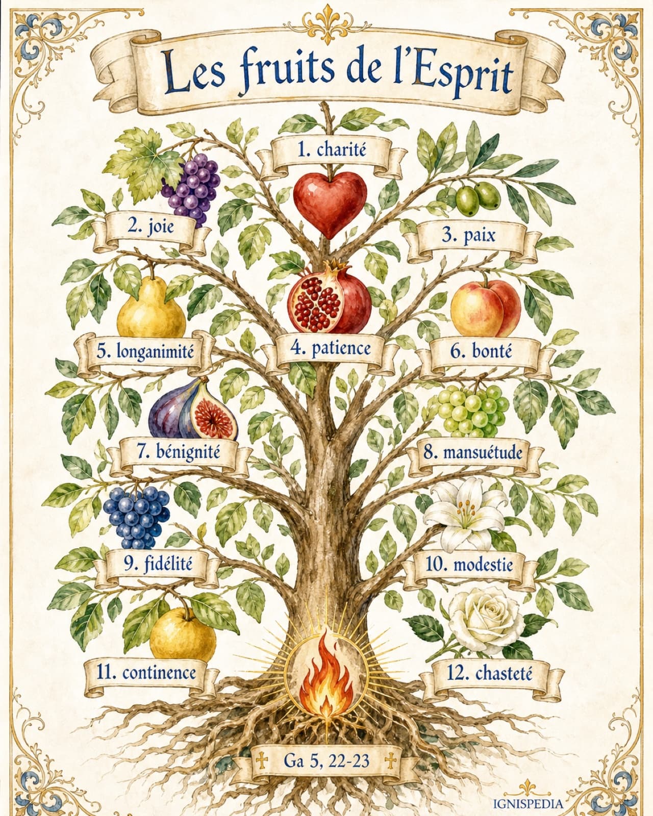 Arbre aquarellé des douze fruits de l'Esprit selon Galates 5