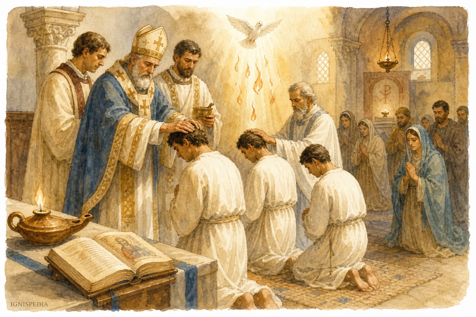 Bischof der ersten Jahrhunderte, der Katechumenen in einer christlichen Basilika die Hände auflegt