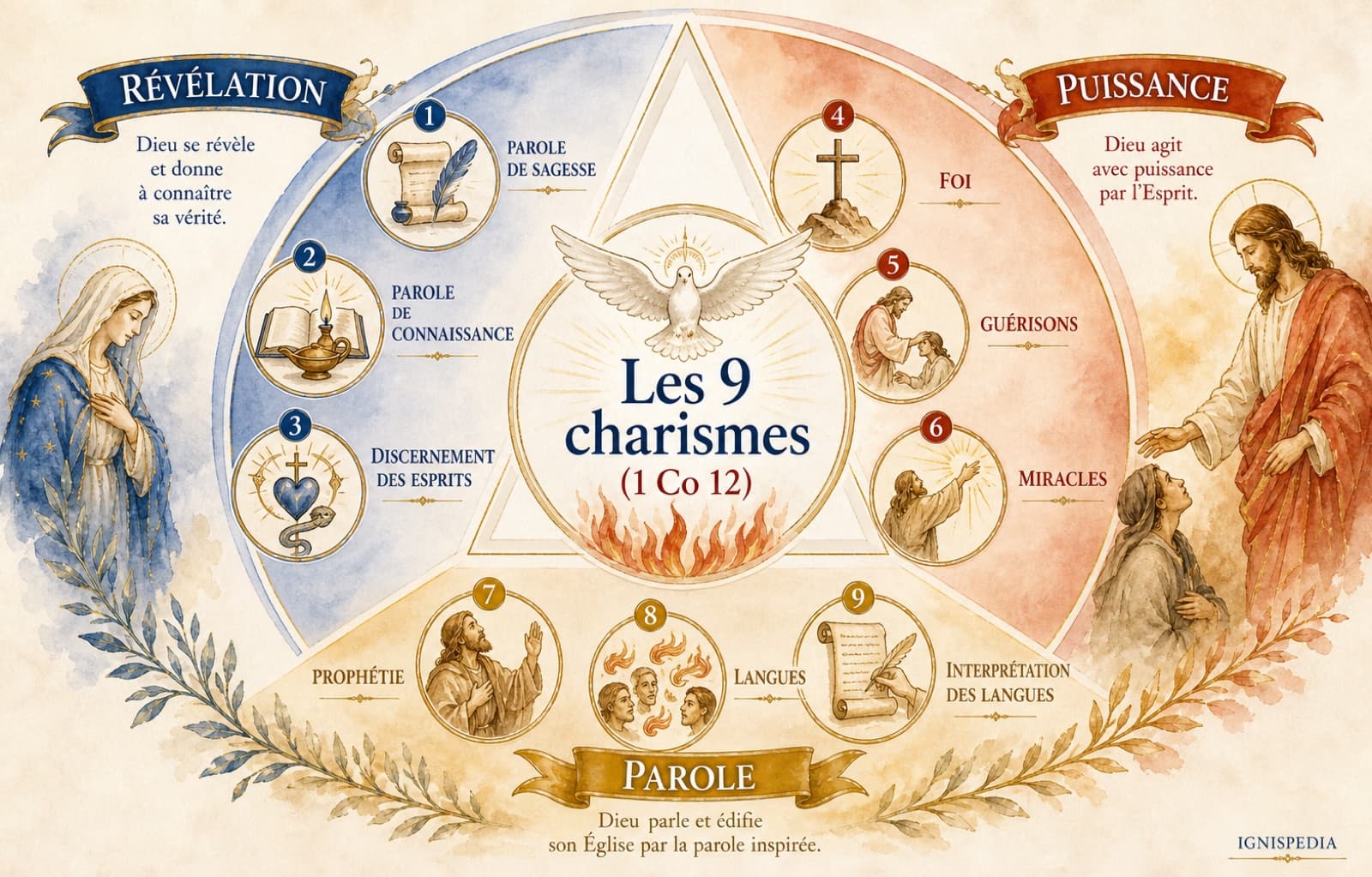 Infographie des neuf charismes de 1 Corinthiens 12 groupés en révélation, puissance et parole