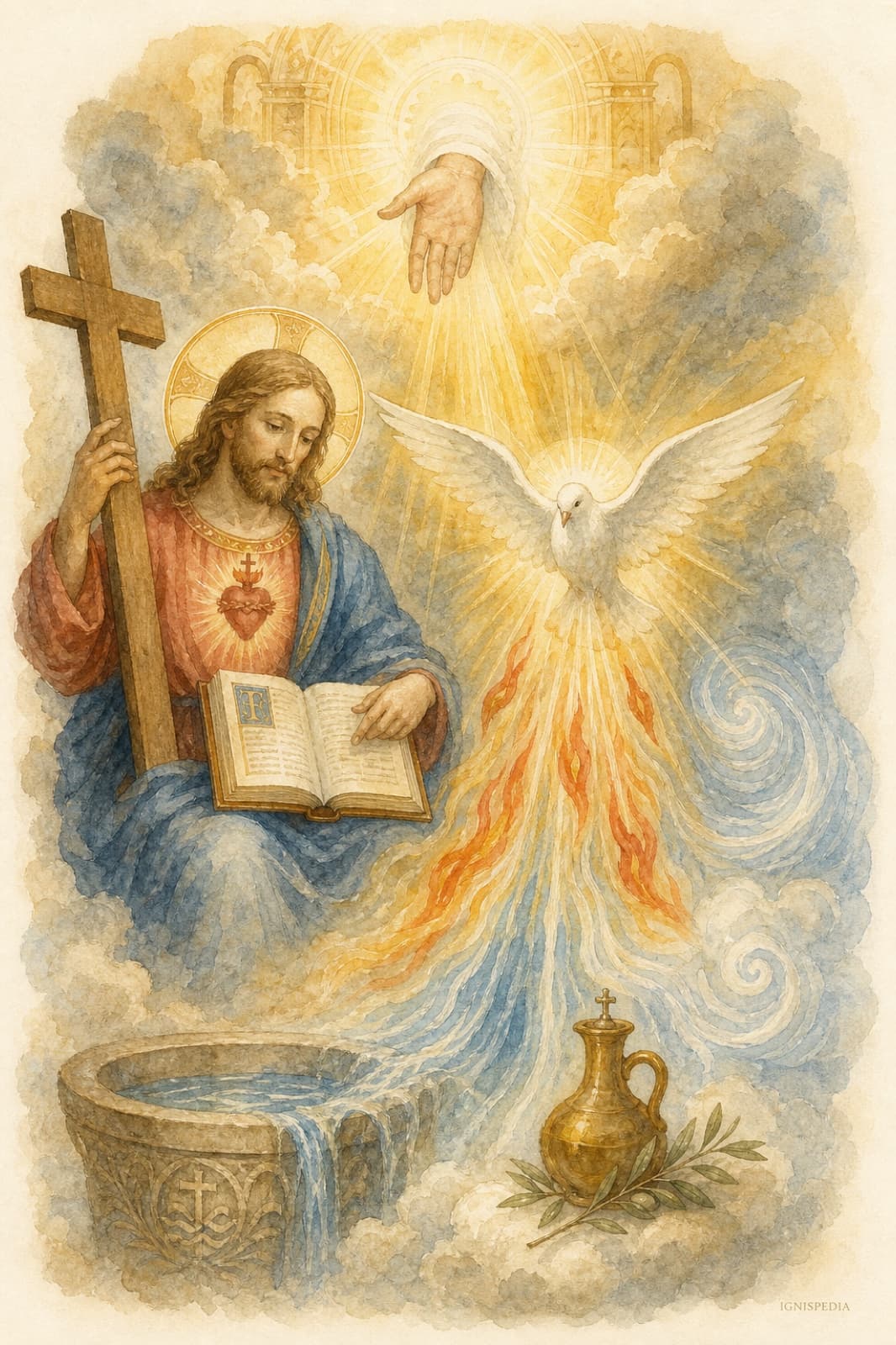Aquarellillustration der Dreifaltigkeit mit Taube, Feuer und Hauch des Heiligen Geistes