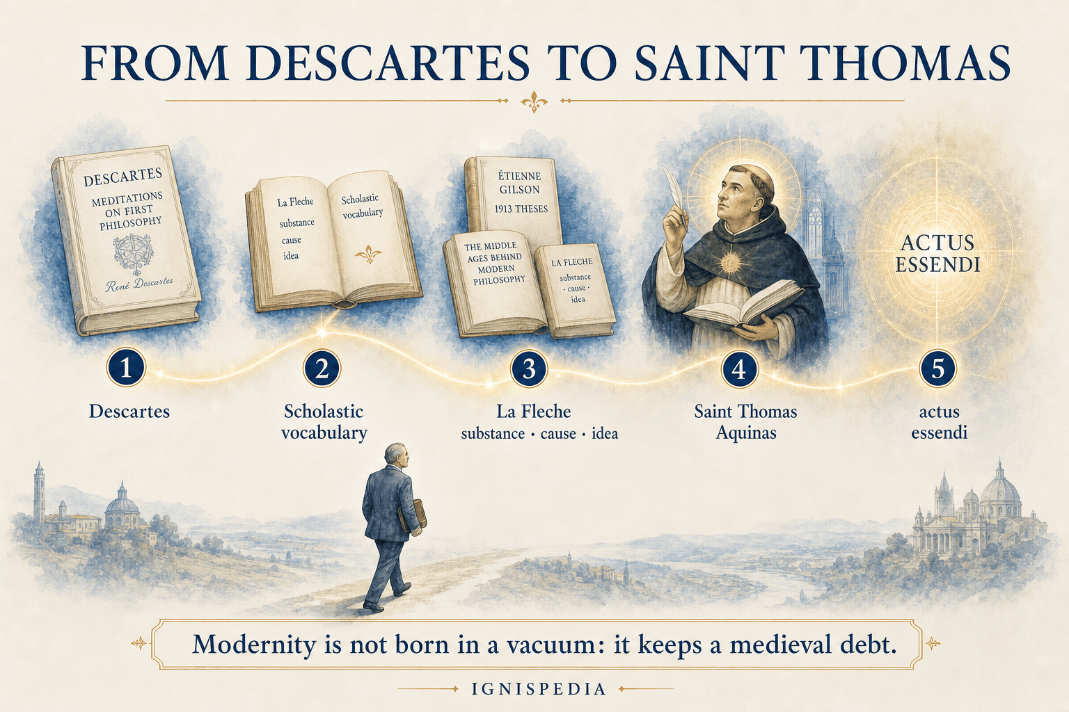 Gilson's intellectual path from Descartes to scholastic vocabulary, Saint Thomas Aquinas, and the actus essendi.