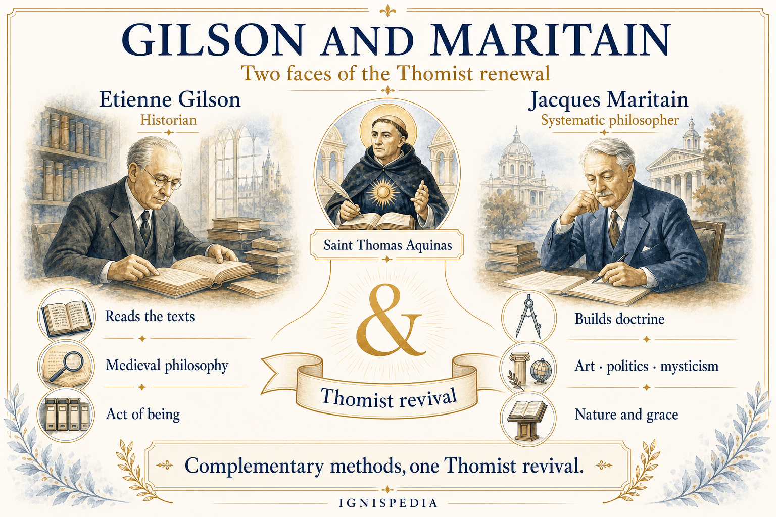 Visual comparison between Etienne Gilson the historian and Jacques Maritain the systematic philosopher in the Thomist renewal.