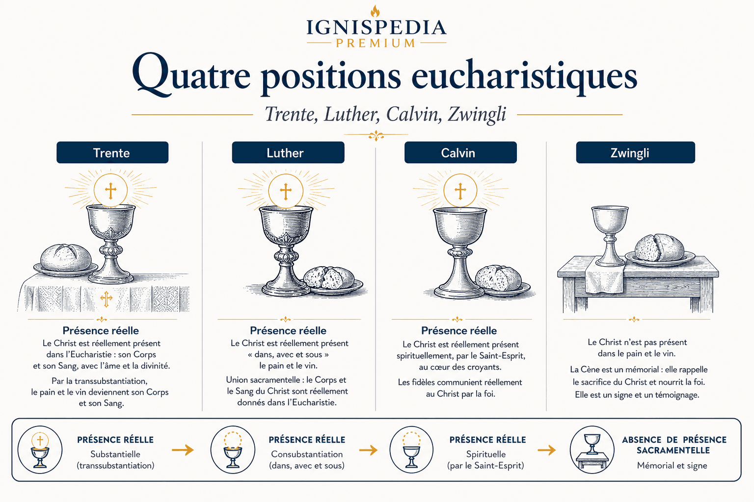 Tableau comparatif des quatre positions eucharistiques : catholique, luthérienne, calviniste et zwinglienne