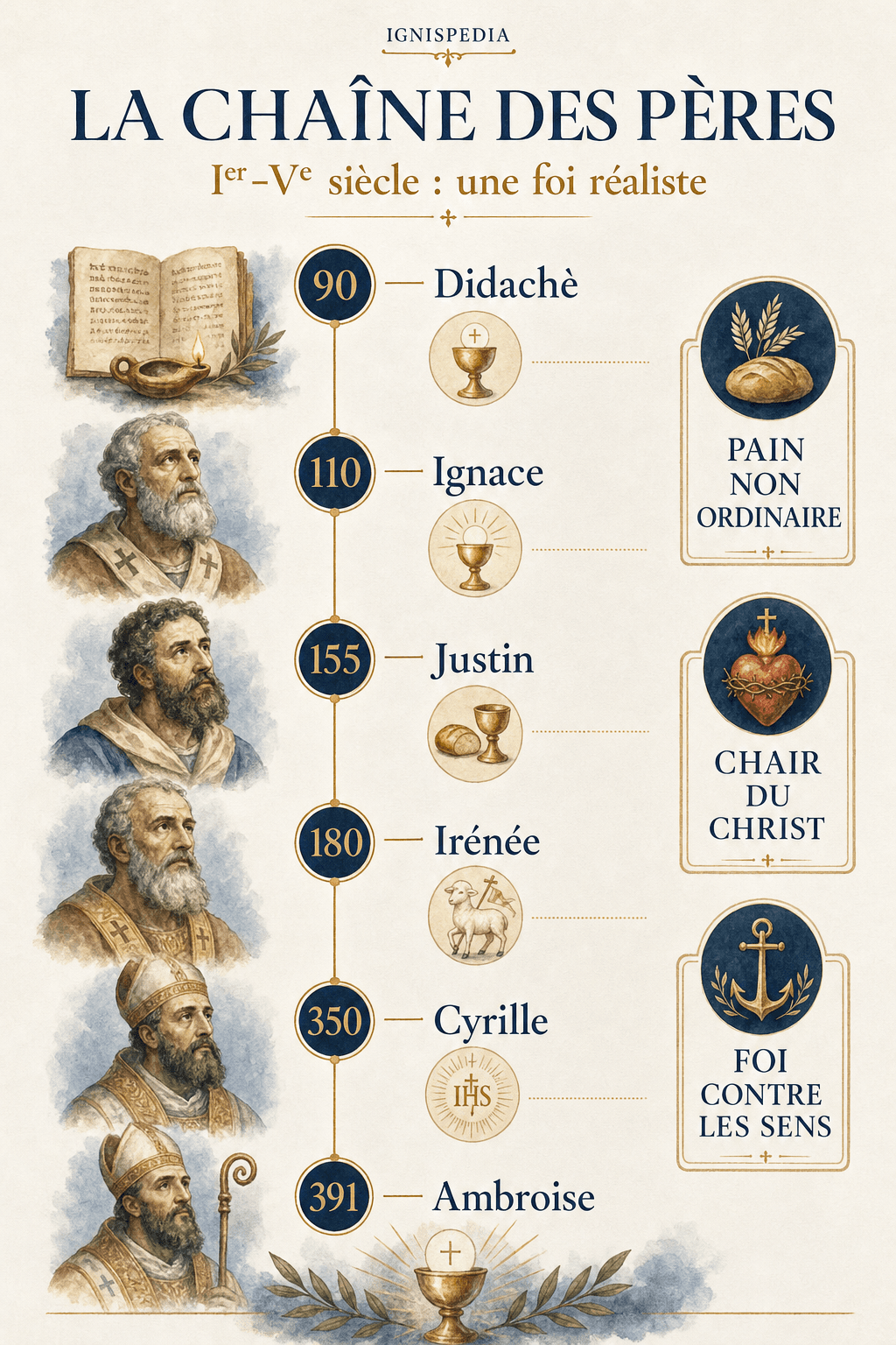 Infographie chronologique des Pères de l'Église témoins de la présence réelle eucharistique