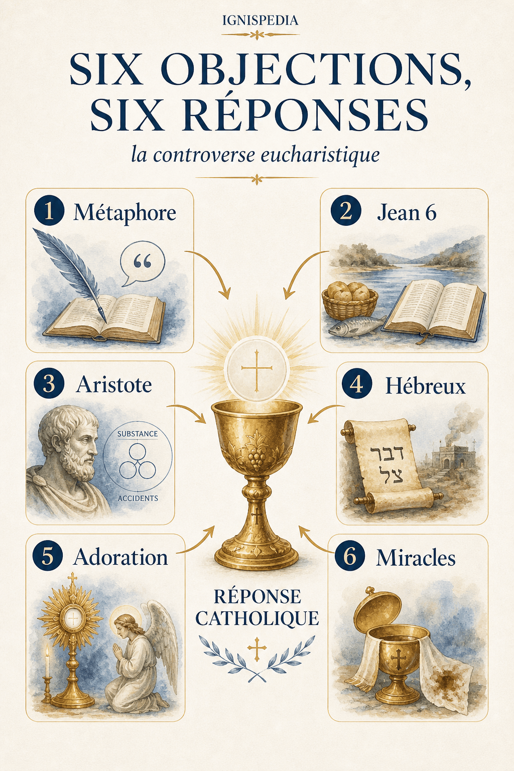 Infographie résumant six objections protestantes contre la présence réelle et leurs réponses catholiques