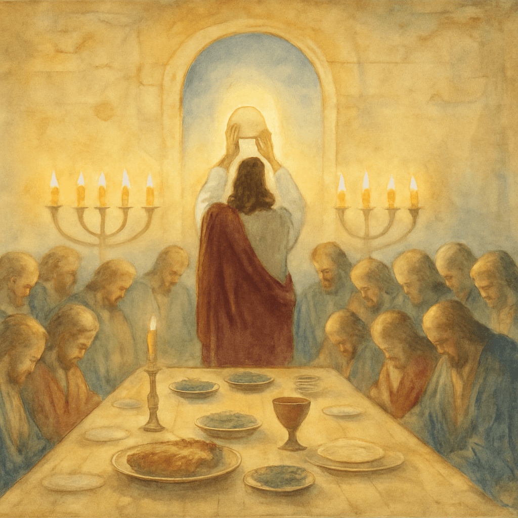 Jesus setzt beim Letzten Abendmahl mit seinen Aposteln die Eucharistie ein