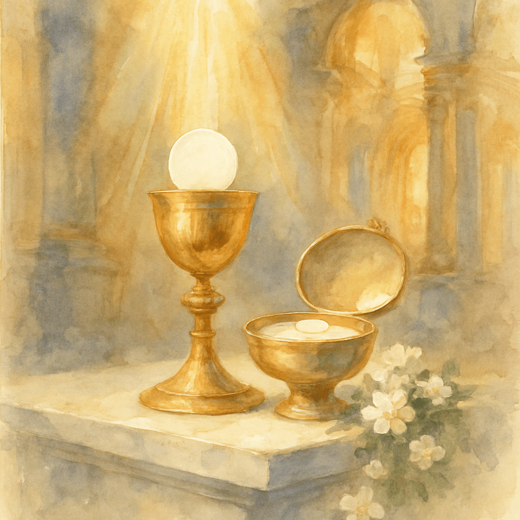 Konsekrierter Kelch und Hostie auf dem Altar, in goldenes Licht getaucht