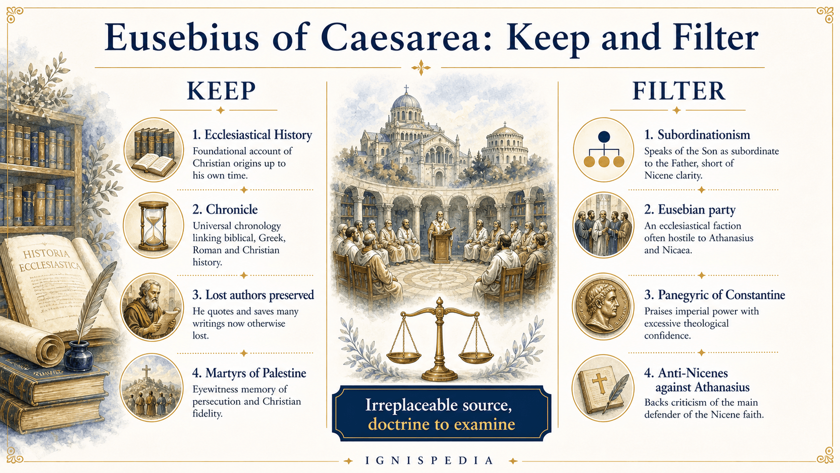 Ignispedia infographic: Eusebius of Caesarea, what to keep from his sources and what to filter in his doctrinal ambiguities