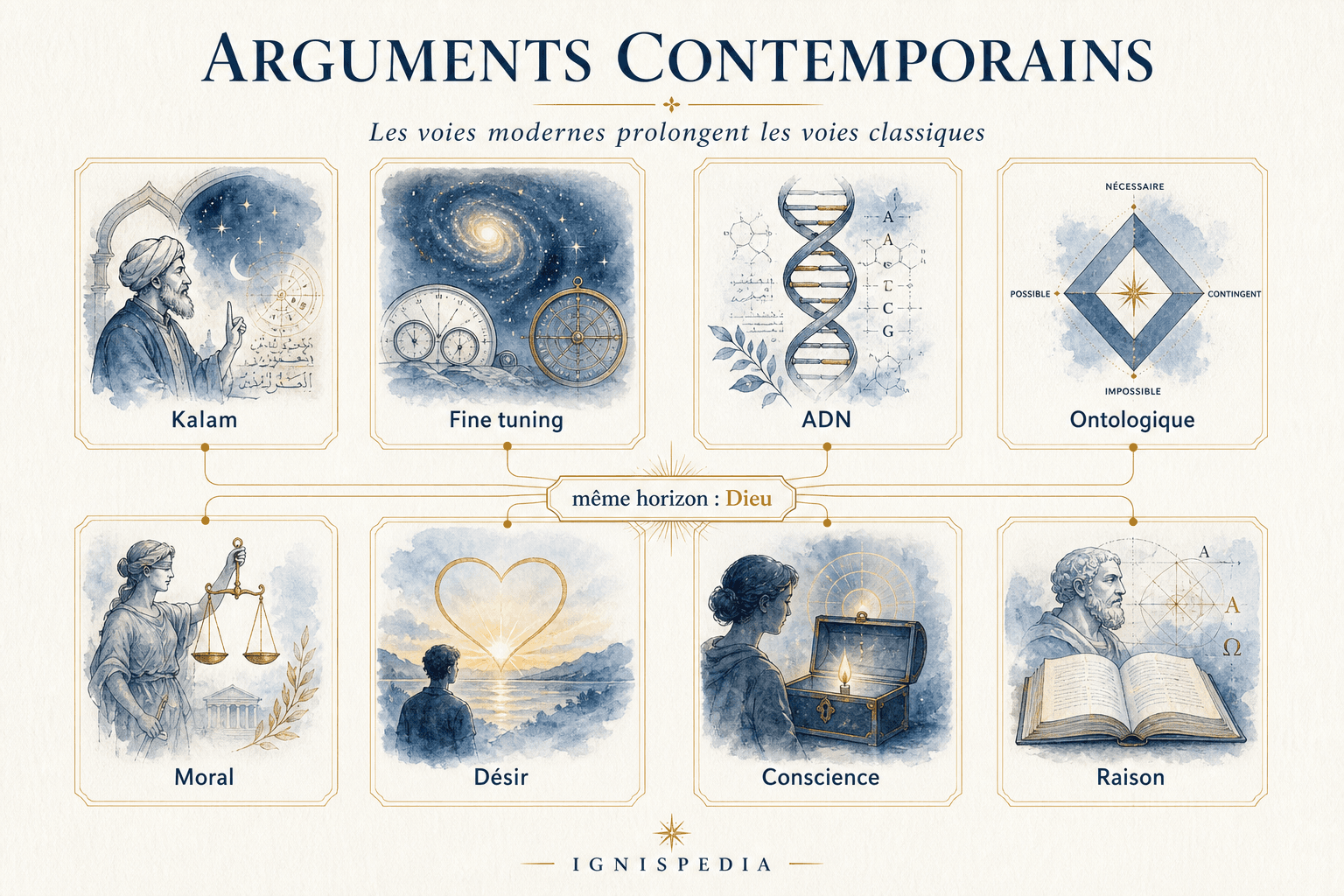 Infographie Ignispedia montrant huit arguments contemporains vers Dieu : Kalam, fine tuning, ADN, ontologique, moral, désir, conscience et raison.