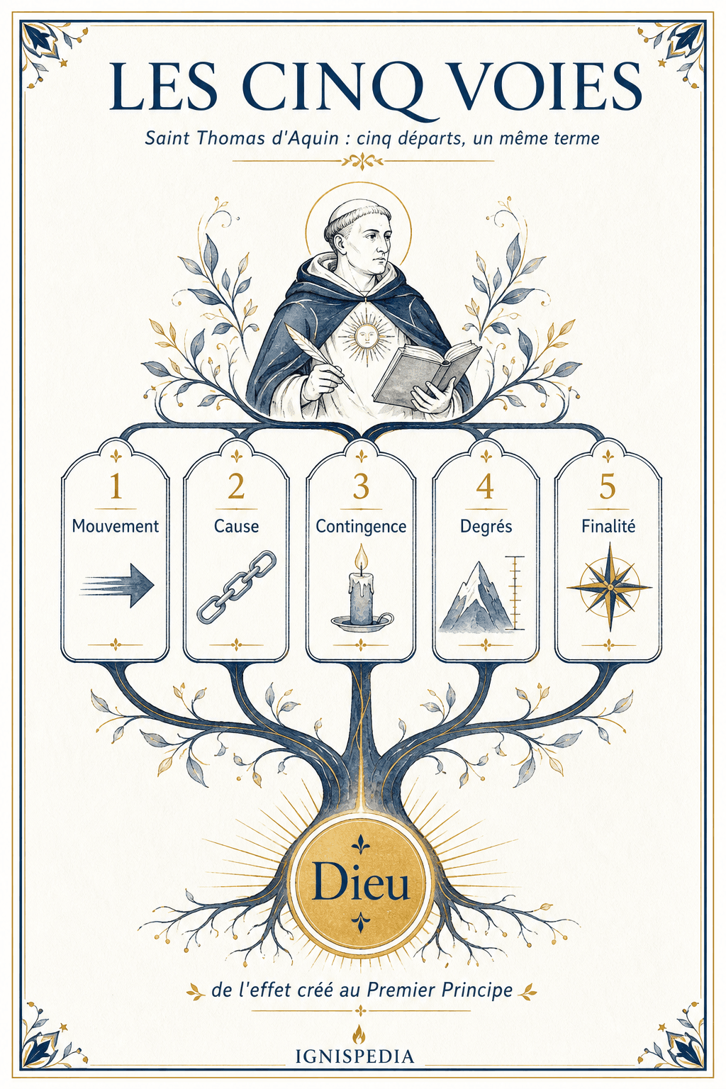 Infographie Ignispedia synthétisant les cinq voies de saint Thomas d'Aquin : mouvement, cause, contingence, degrés de perfection et finalité.